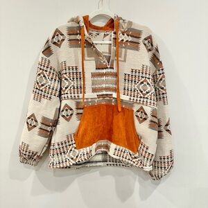 Aztec Print Geometric Patterned Hoodie with Burnt Orange Accents - Size Medium